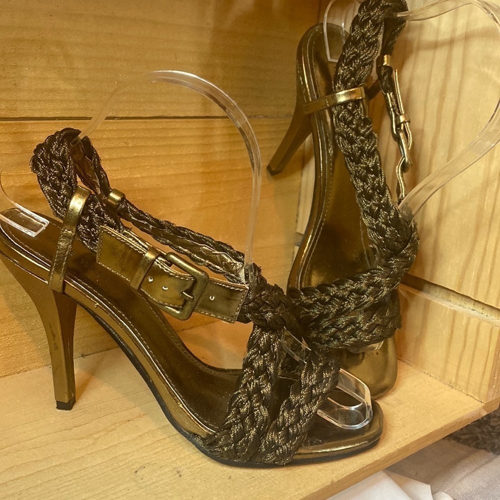 Nine West bronze metallic strappy braided sandal heels leather and fabric size 7